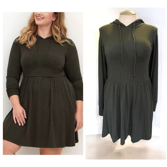 New Torrid 1 (1X 14/16) Super Soft Olive Green Hooded Hoodie Skater Mini Dress - Picture 1 of 4